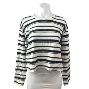 Zara Women's White Black Striped Crewneck Long Sleeve Crop Sweater Top Size L